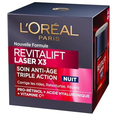 L'Oréal Paris - Crème Masque Nuit Triple Action Anti-Âge - Anti-Rides & Multi-Correction - Enrichi au Pro-Rétinol, à l'Acide Hyaluronique & à la Vitamine C - Revitalift Laser - 50 ml