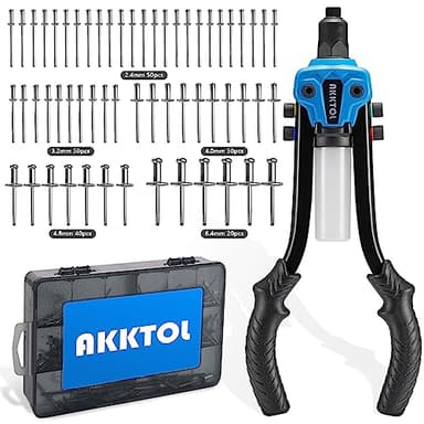 AKKTOL Pince a riveter pop 33cm ensemble 5en1 avec 210 rivets alu pour rivets aveugles Ø 6.4 à 2.4 mm en acier inoxydable alu | Riveteuse manuelle professionnelle