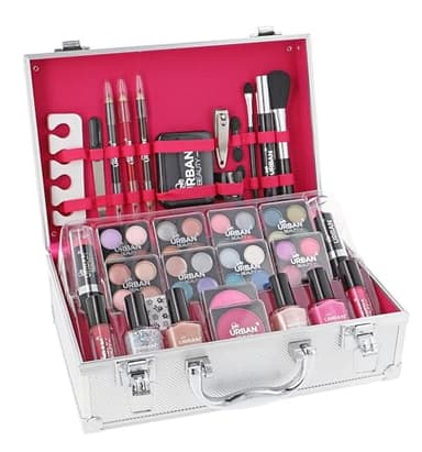 LOVE URBAN BEAUTY Dazzling – Trousse de maquillage végétalienne 60 pièces pour adolescents – Élégante boîte argentée – Design compact et léger – Ensemble de maquillage pour femme facile à transporter