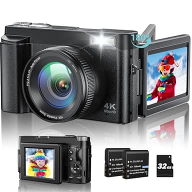 Appareil Photo Numérique 4K, Zoom Numérique 16X Appareil Photo vlogging avec Carte 32GB, 2 Batteries, Chargeur pour Débutants Macchina Fotografica 4 Digital Camera Black