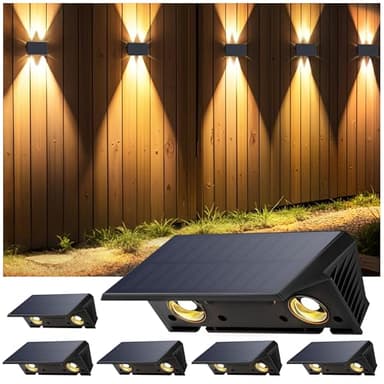 IIRARA Applique Solaire Extérieur, Nouvelle Génération 2025 Haut & Bas Applique Murale Solaire Blanc Chaud 1500mAh Lampe Solaire Murale Extérieur IP67 Étanche 6 Articles 120 Lumens pour Clôture Jardin