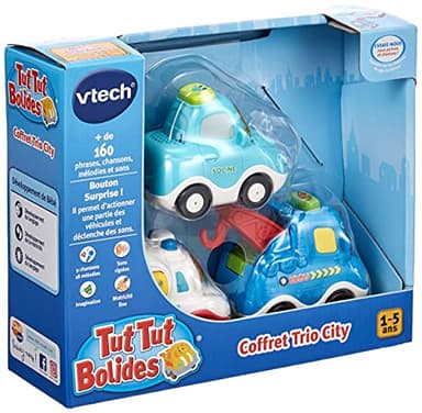 VTech - Tut Tut Bolides, Coffret Trio City, 3 Voitures Interactives, Berline, Dépanneuse et Ambulance, Jouet Musical et Sonore, Cadeau Enfant de 1 an à 5 Ans - Contenu en Français