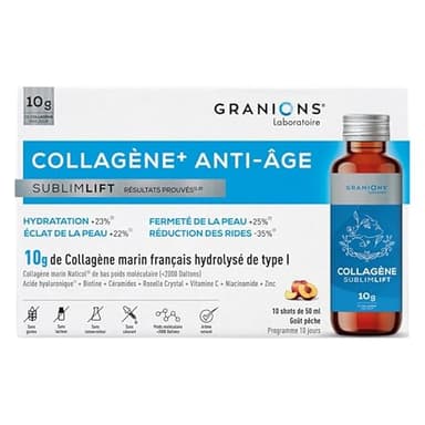 GRANIONS COLLAGENE SUBLIMLIFT SHOTS -10g de Collagene marin Hydrolysé de type I - Collagene et Acide Hyaluronique - Anti ride - Biotine Cheveux - Chute de Cheveux Femme | 10 shots de 50mL Goût Pêche