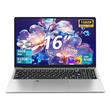 Ordinateur portable 16 pouces, 16 Go de RAM 512 Go de SSD processeur Celeron N100, PC Portable FHD 1920 x 1200 avec USB 3.0, batterie 6000 mAh(46,2 Wh), BT 5.0, clavier numérique rétroéclairé Laptop