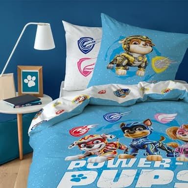 Pat Patrouille Power Parure de lit Enfant 1 Personne | 100% Coton | Oeko-TEX | Housse de Couette 140x200 cm + Taie d'oreiller 63x63 cm | Imprimé Réversible Garçon | Bleu