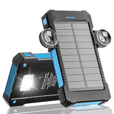 Batterie Externe Solaire 26 800 mAh avec Support à Ventouse, Chargeur Solaire 3 Ports pour Une Charge Rapide de 15 W, avec Lampe Torche/SOS/Stroboscope, Batterie Externe étanche pour Téléphone