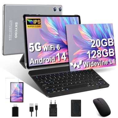 Tablette Android 14 avec 5G Wi-Fi 6, 20 GO RAM+128 GO ROM (Extensible Jusqu'à 1 To), Tablette Tactile avec Widevine L1, 8 Cœurs, 5MP+8MP, Tablette 10 Pouces avec Clavier+Souris et Cas, Gris Doux