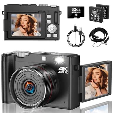 Appareil Photo numérique 4K 64 MP avec écran à Rabat de 2,8" à 180 degrés, caméra Zoom 18X pour la Photographie avec Mise au Point Automatique, Carte de 32 Go et 2 Piles pour Adolescents, étudiants