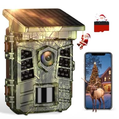 Virotroop Caméra de Chasse Solaire WiFi 4K 60MP, 0,1s Temps de Déclenchement Activé par Mouvement, Camera Chasse avec Batterie Rechargeable 2600 mAh, Vision Nocturne Infrarouge, Carte SD 32 Go, IP66