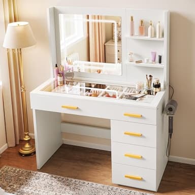 YITAHOME Coiffeuse éclairée Miroir Tabouret Lumière réglable 5 tiroirs Compartiments Ouverts Blanc