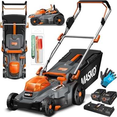 MASKO® Tondeuse à Gazon+ Fil Fonction Mulching y Compris 2X accu Double Chargeur Tondeuse à Gazon Largeur Coupe 37cm réglage Hauteur Coupe 6 Positions 25-75mm Bac ramassage 40L jusqu'à 600m² Surface