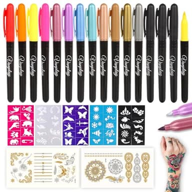 Tatouage Temporaire Stylo Tatouage Cadeau ado Fille avec 15 Stylos Tatouage 5 Pochoir Tatouage ​et 2 Autocollants Kit Tatouage de Cadeau pour Filles Garçons Adultes