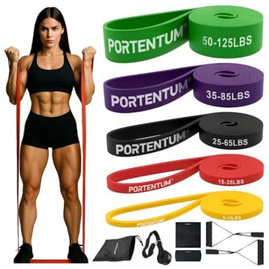 PORTENTUM Bande Elastique Musculation – Set de 11 – Bande de Resistance 5 Niveaux intensité – Poignées, ancrage Porte, Housses et Sac – Sport Maison Hommes et Femmes – Fitness Crossfit Yoga Pilates