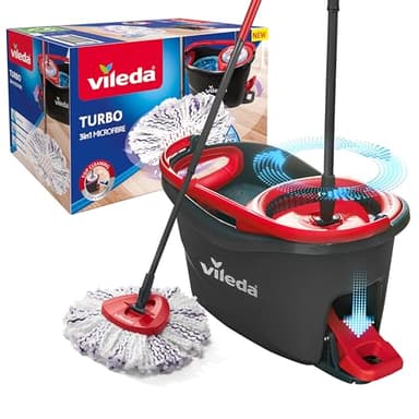 Vileda Turbo 3en1 - Kit Complet Lavage Sol, Manche télescopique 85-123 cm, Balai à système Rotatif avec Seau à pédale, Nouvelle génération de Pad Microfibres 3en1, système de Nettoyage Durable