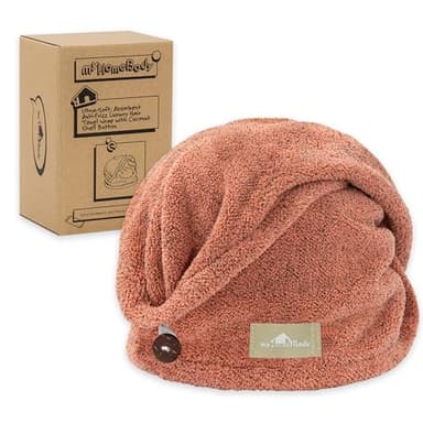 myHomeBody Serviette Wrap, Turban de Luxe Anti-frisottis à séchage Rapide, Ultra Doux et Absorbant en Fibre de Bambou à séchage Rapide, avec Bouton en Coquille de Noix de Coco – Cinnamon