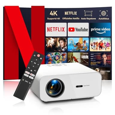 Vidéoprojecteur 4K 【Netflix Certifié/Auto Focus】Auto Keystone Rétroprojecteur WiFi Bluetooth, 25000 Lumen Full HD 1080P Projecteur Vidéo, Smart Projecteur utilisation en un clic de Netflix/Youtube/D+