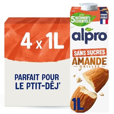 Alpro - Boisson Végétale - Lait d'Amande Non Grillée Sans Sucres - 1L - Lot de 4x1L