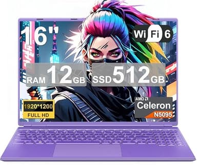 Ordinateur Portable Gaming 16 Pouces 12+512 Go SSD Soutien Extension 1TB (HDD-2TB) 4 cœurs Celeron N5095 (jusqu'à 2,9 GHz)1920x1200 PC Portable Gamer,Laptop avec Écran 2K 2.4+5G WiFi Mini HDMI-Violet