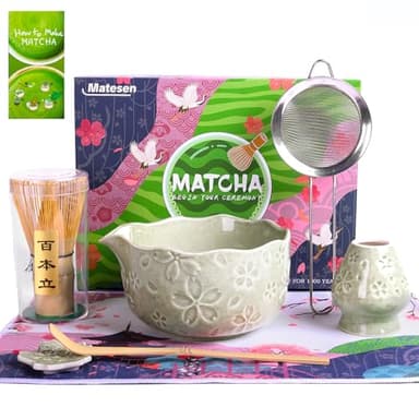 Matesen Matcha Kit Vert, Kit Matcha Complet, 7 Pièces Matcha Set, Ustensiles Pour Cérémonie du thé Japonais, Support de Fouet à Matcha, Coffret Matcha Cadeau de noël Pour la Famille, les amis