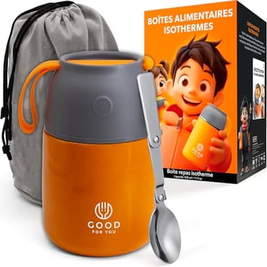 GOOD FOR YOU - Thermos alimentaire - Boîte à repas inoxydable pour repas chauds ou froids - Boîte à lunch pour école, bureau, camping - Isolation double parois avec cuillère pliable et sac