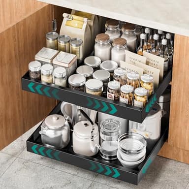 HG PLVTII Étagère Coulissante Extensible pour Placard – Tiroir Coulissant de Cuisine Ajustable en Largeur, Rangement Coulissant Garde-Manger, Panier Coulissant Métallique (1 pièce, Noir)