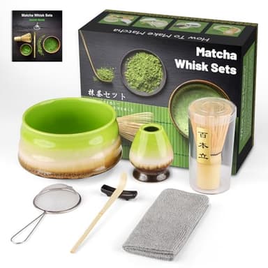 7PCS Matcha kit ceremonie japonais, Cuillère en bambou, pelle en bambou, Porte-Fouet, Coffret matcha pour la cérémonie du thé, la boisson (Change Green, BAMBOO)