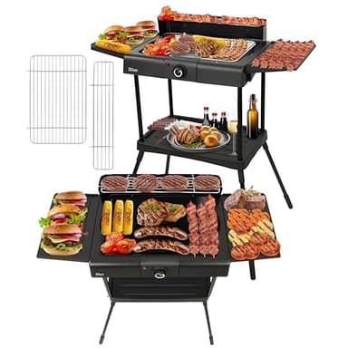 Barbecue électrique 2 en 1 - 2 400 W - Barbecue électrique pour balcon, extérieur et intérieur avec pied - Grandes surfaces de cuisson - Régulateur de température en continu