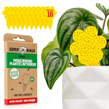 Super Ninja Anti Moucherons Intérieur Plantes, 10 Pièges Jaunes Collants Non Toxiques, Anti Moucheron Terreau et Mouche de Terreau, Piège Moucherons Ultra Efficace Jusqu’à 3 Mois