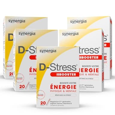 D-STRESS BOOSTER Lot de 5X20 sachets | Magnésium de 3ème génération, Taurine, Arginine, Vitamine B | Booste l’énergie physique et mentale | Gère les montées de stress en 30 min | LABORATOIRE SYNERGIA