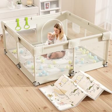 Lertantri Beige Parc Bebe avec Tapis - 120x120cm Parc Enfant Toile Oxford Durable, 2 Poignées Incluses pour Petits Espaces