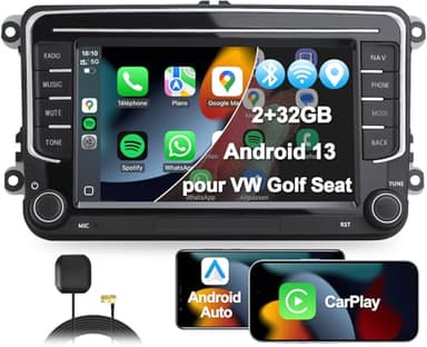 MRSXWPY 2 Din Autoradio, 7" Radio Voiture pour VW Golf, Passat, Seat, Touran, Skoda, CarPlay & Android Auto, Commandes au Volant, Écran Tactile & Boutons Physiques, EQ, FM, GPS Navigation, MirrorLink