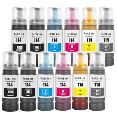 SHUOLEI 114 Encre Compatible avec Epson 114 Bouteille d'encre Multipack pour ET-8500 ET-8550 (12-Pack, 2 Noir/2 Photo Noir/2 Cyan/2 Magenta/2 Jaune/2 Gris)
