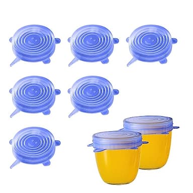 Hyakoz 6 Pièces Bleu Rond Couvercle Silicone Alimentaire Extensible Réutilisable Couvercle Silicone Extensible Universel Sans BPA Couvercles en Silicone Pour Micro Ondes Four, Le Four, Vaisselle