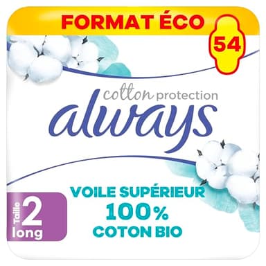 Always Cotton Protection Serviettes Hygiéniques, Taille 2, Long, 54 Serviettes Hygiéniques Avec Ailettes, Flux Modérés Jour, Format Eco, Voile 100% Coton Bio, Sans Parfum, Emballage papier recyclable