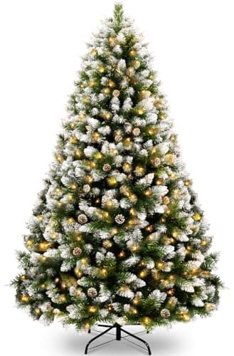 KOIUEYW Sapin de Noel Artificiel 180 cm, 300 LEDs Blanche Chaude Sapins de Noël, Sapin de Noel Lumineux avec Neige pour Décoration de Noël