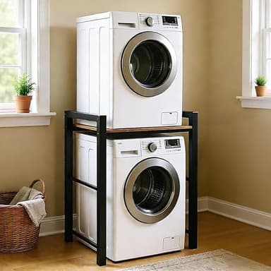 FUOIDYE Meuble Machine à Laver et Seche Linge, Étagère Machine à Laver - 3 Hauteurs Réglables, Superposition Lave Linge Seche Linge - Capacité Charge 350kg pour Buanderie Balcon ou Garage (Noir)