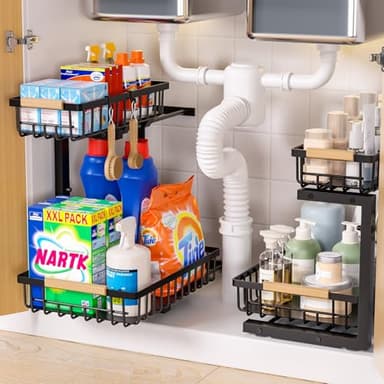 Lot de 2 Organisateurs sous Évier à Double Niveau, Design En L, Hauteur Ajustable 35,5-43,5 cm, Structure en Acier au Carbone Renforcé, Rangement et Organisation pour Cuisine, Salle de Bain, Buanderie