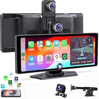 Écran CarPlay Voiture & Android Auto sans Fil 10,26″ IPS – Dashcam 4K + Caméra Recul 1080p – Autoradio Bluetooth FM AUX – Plug & Play USB-C, Carte 64 Go – CarByNevo D4 Pro