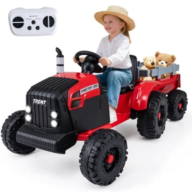 GOPLUS Voiture Electrique Enfants 24V, Tracteur Électrique Enfants Télécommandé avec Remorque Amovible 2 Modes de Conduite, Feux, Musique & Klaxon,3,2-6 km/h,Charge 35KG,3-8 Ans (Rouge,152x66x59CM)