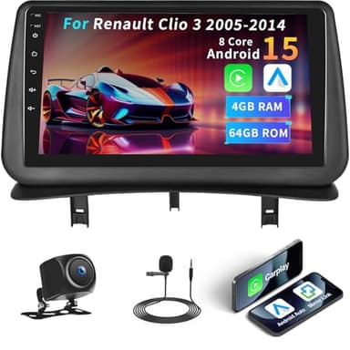 Android 15, 4G+64G 8-Core GOHHDL Autoradio Qualcomm pour Renault Clio 3 2005-2014 avec Navi Carplay Android Auto, écran 9 Pouces 2Din avec GPS WiFi Bluetooth FM/RDS Radio DSP SWC caméra de recul+MIC