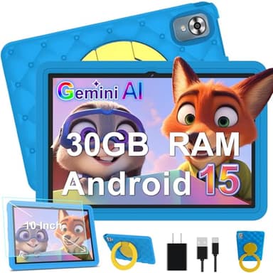 DMOAO Tablette Enfants 10 Pouces Android 15 avec 30Go RAM (TF 2To), 5G WI-FI 6, Widevine L1, Contrôle Parental, 8-Core, Tablette Tactile avec Coque Antichoc EVA + Support Rotatif à 360°, Bleu