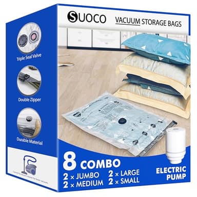SUOCO Sacs de Rangement Sous Vide 8 Combo avec Pompe Électrique de Compression Étanches Gain de Place pour Vêtements, Literie, Couettes, Sacs Sous Vide pour Maison