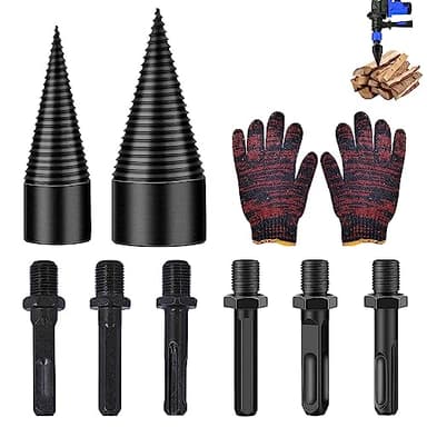 9 Pièces Kit de Foret de Fendage de Buches, Comprenant Foret Conique de 32 mm/42 mm, 6 Vis de Cône de Fendeuse Bois, Outillage Bois, Fendeuse de Buches Électrique pour Jardiniers et Bûcherons