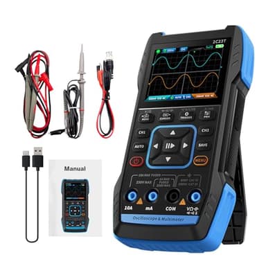 Ailao Oscilloscope Multimètre 3 en 1 Oscilloscope USB 2 canaux 10 MHz Bande passante 50 MSa/s Taux d'échantillonnage 9999 comptes, avec sonde, pince crocodile rouge et noire
