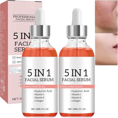 Sérum aux vitamines pour la peau Finones, sérum pour le visage à la vitamine C 5-en-1 avec acide hyaluronique, hydratation anti-âge, sérum éclaircissant pour les rides, la peau terne (2 pièces)