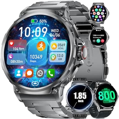 Montre Connectée Homme avec Appel Bluetooth, /1,85'' HD Grand Écran/800mAh, Smartwatch avec 3 Bracelets, 100+ Modes Sportifs, Podomètre, 5ATM Étanche, Sommeil, Fréquence Cardiaque pour Android iOS