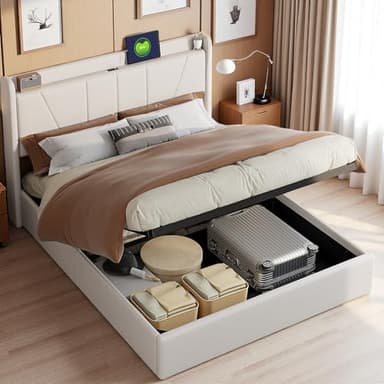 Dormely Lit Coffre 160x200 avec Rangement hydraulique, Lit Double Rembourré avec USB et Type C, Cadre de Lit avec sommier à Lattes, 2 Places pour Adulte & Adolescent, Beige Lin sans Matelas