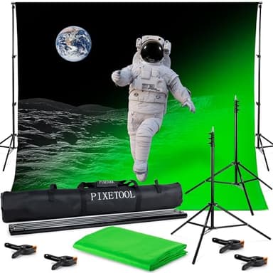 PIXETOOL - Fond Vert (3m x 3m) avec Support (3m x 2,6m) - Fond Photo - Studio Photo - Toile de Fond - 4 Pinces incluses