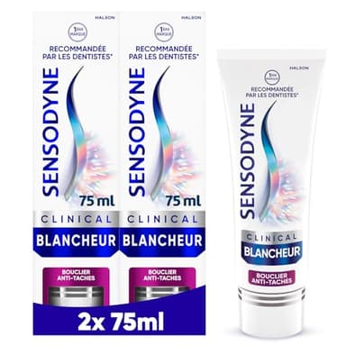 Sensodyne Professional Blancheur, Dentifrice blanchissant cliniquement prouvé pour les dents sensibles visiblement plus blanches, Bouclier Anti-tâches Menthe, Pack de 2 x 75 ml