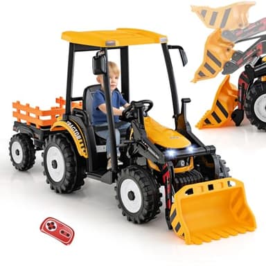 GOPLUS Tracteur Électrique 12V avec Godget et Remorque, Voiture 1 Place avec Télécommande 2,4G, 3-6 km/h, Phares et Volant pour Enfants de 3-8 Ans (Jaune)